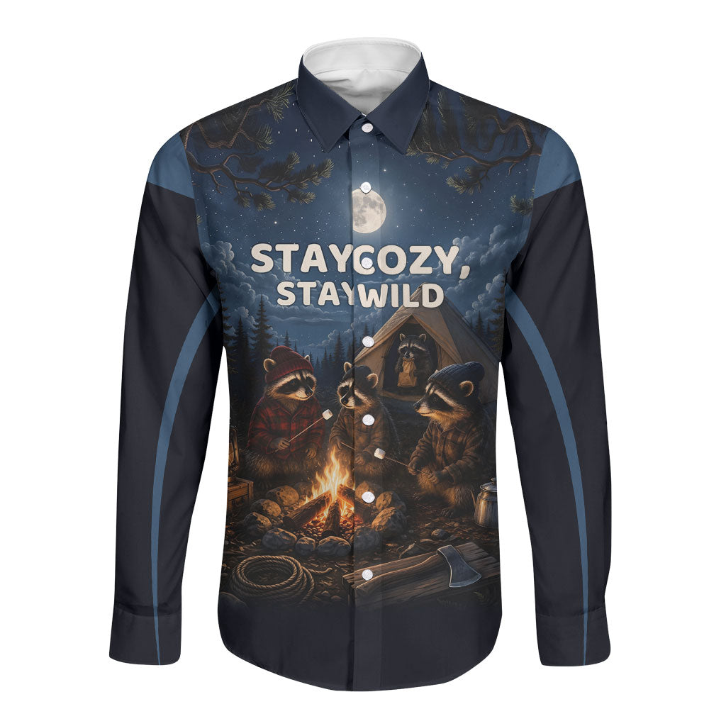 Raccoons Campfire Stay Cozy Stay Wild Long Sleeve Button Shirt Starry Night Forest Wildlife