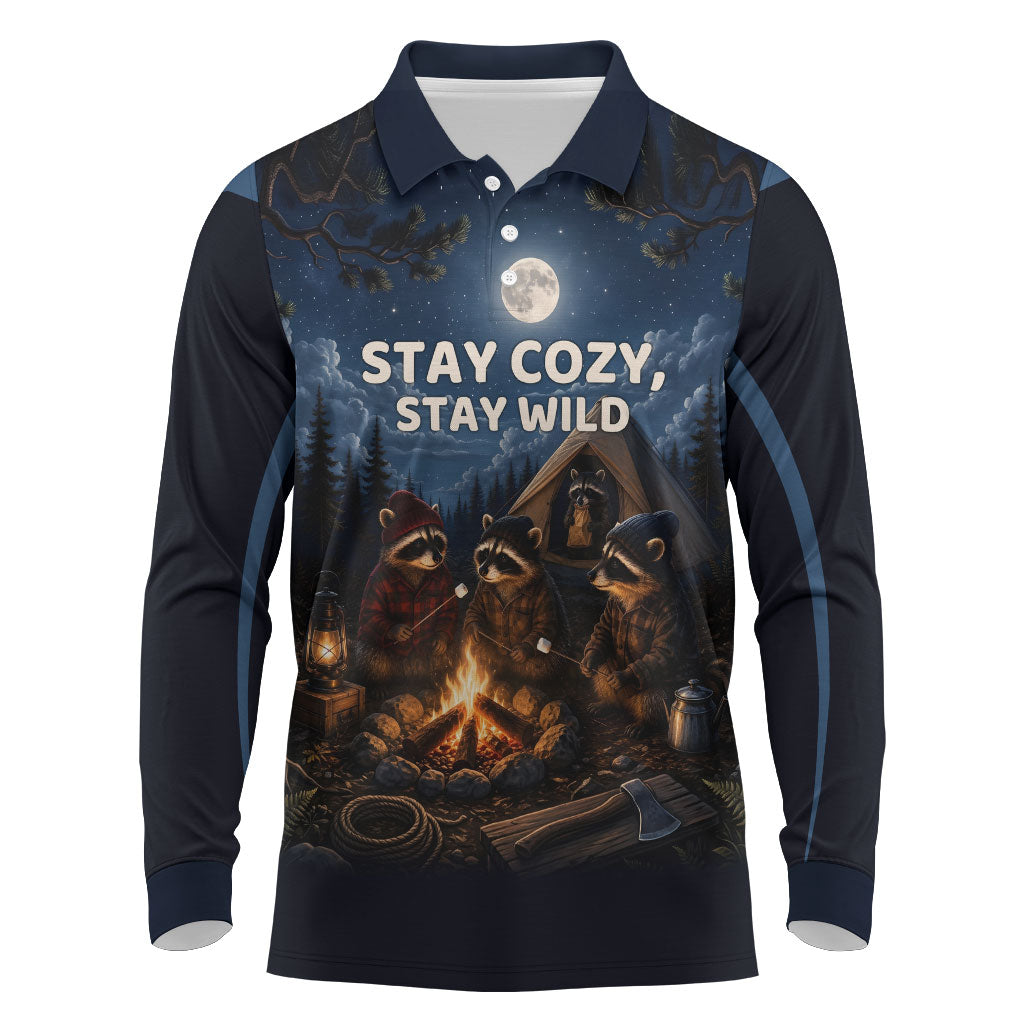 Raccoons Campfire Stay Cozy Stay Wild Long Sleeve Polo Shirt Starry Night Forest Wildlife
