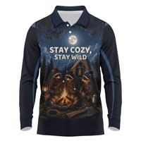 Raccoons Campfire Stay Cozy Stay Wild Long Sleeve Polo Shirt Starry Night Forest Wildlife