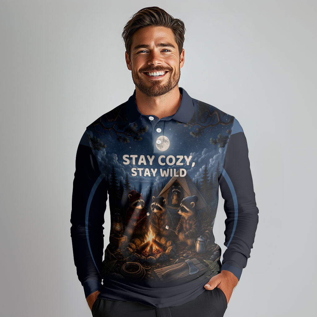 Raccoons Campfire Stay Cozy Stay Wild Long Sleeve Polo Shirt Starry Night Forest Wildlife