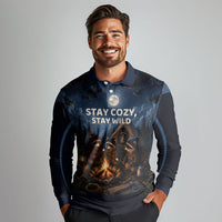 Raccoons Campfire Stay Cozy Stay Wild Long Sleeve Polo Shirt Starry Night Forest Wildlife