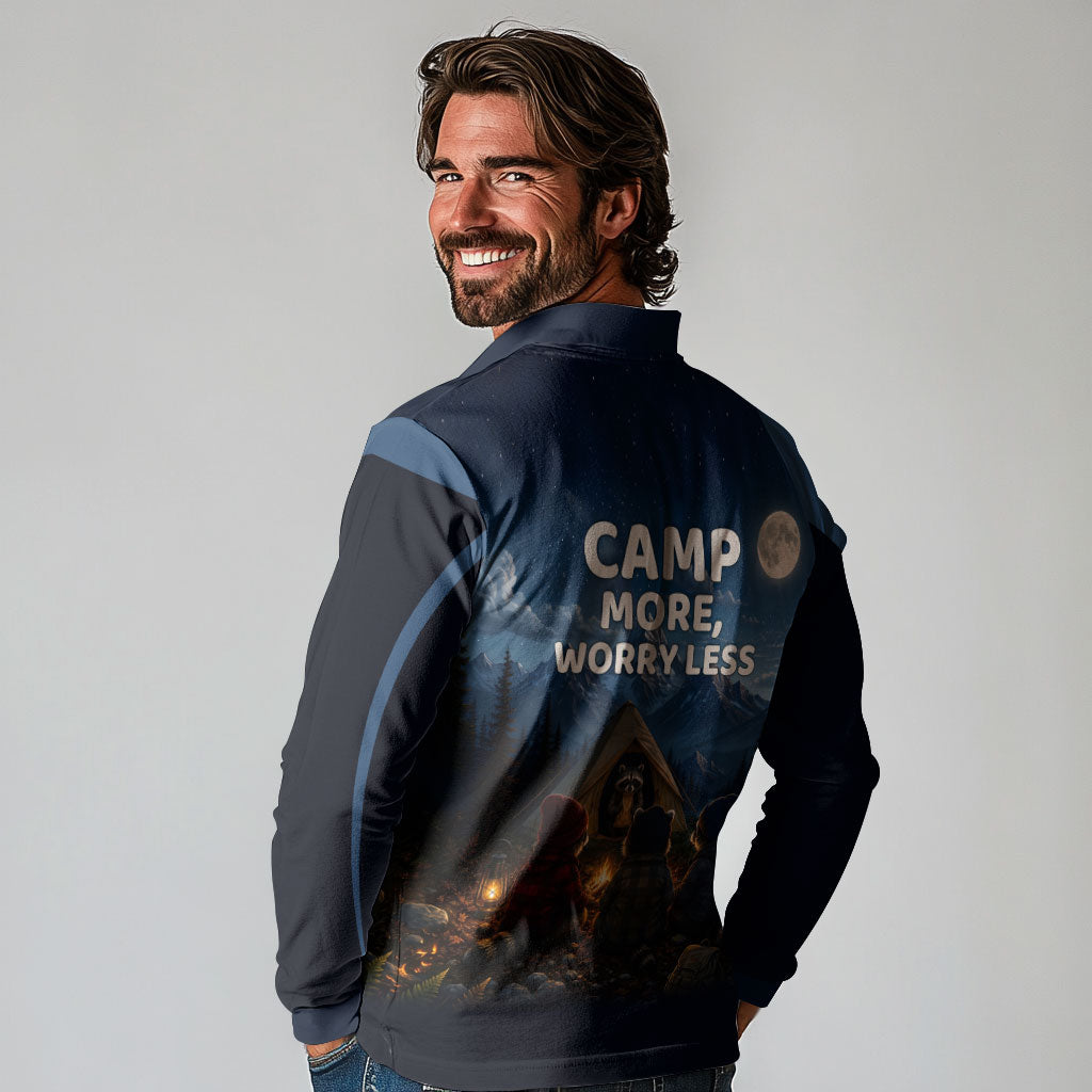 Raccoons Campfire Stay Cozy Stay Wild Long Sleeve Polo Shirt Starry Night Forest Wildlife