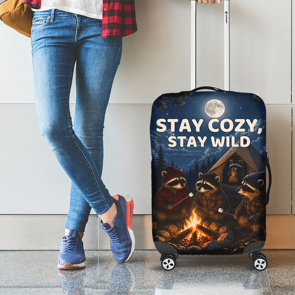 Raccoons Campfire Stay Cozy Stay Wild Luggage Cover Starry Night Forest Wildlife