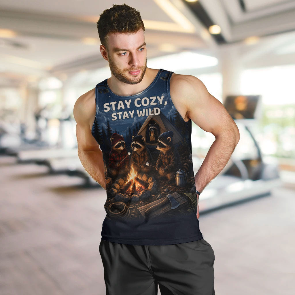 Raccoons Campfire Stay Cozy Stay Wild Men Tank Top Starry Night Forest Wildlife