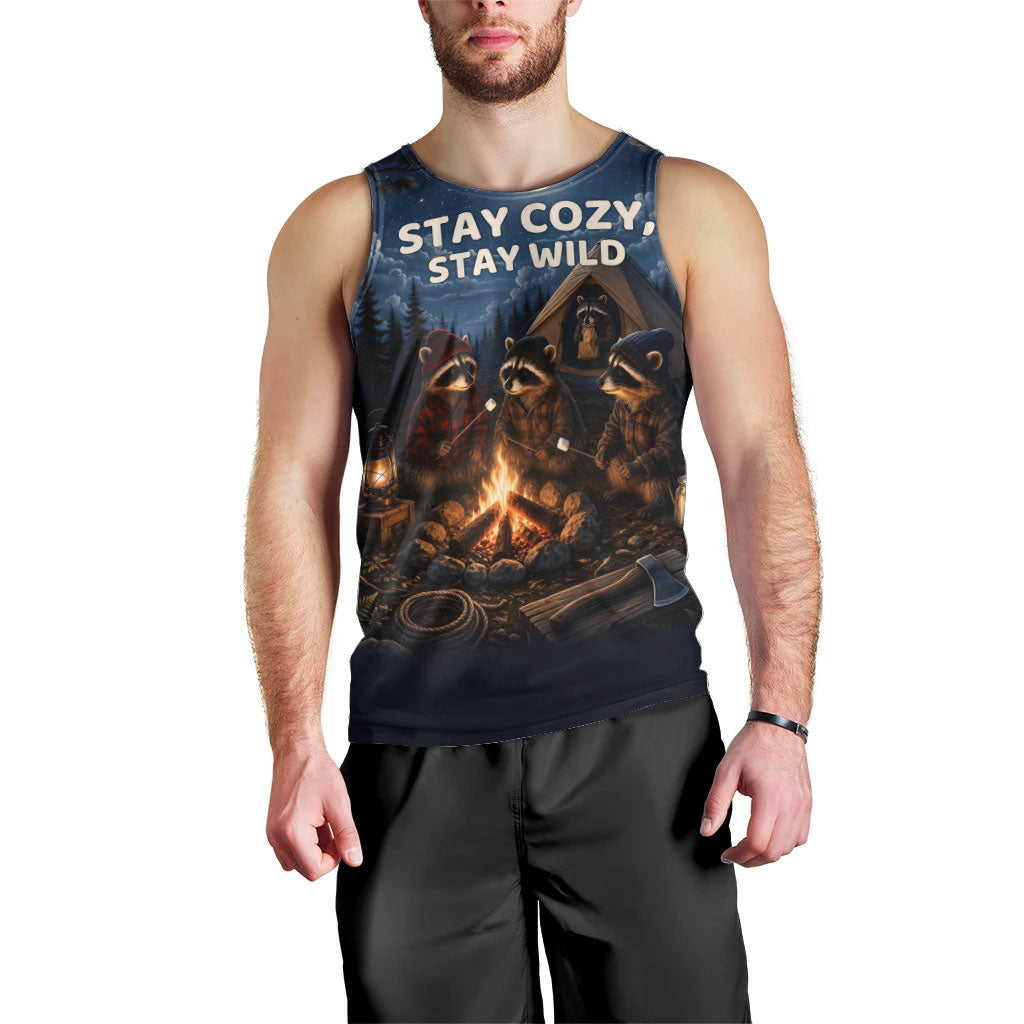 Raccoons Campfire Stay Cozy Stay Wild Men Tank Top Starry Night Forest Wildlife