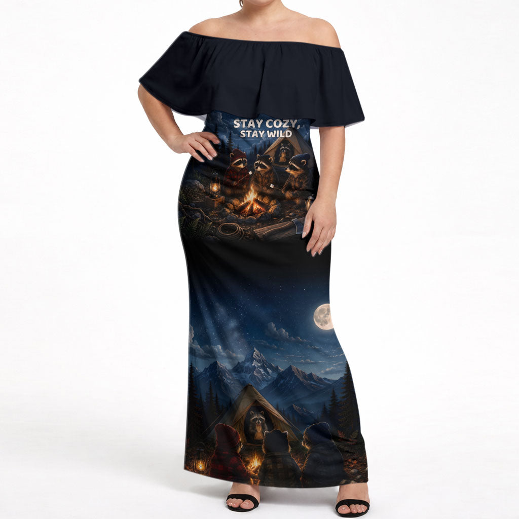 Raccoons Campfire Stay Cozy Stay Wild Off Shoulder Maxi Dress Starry Night Forest Wildlife