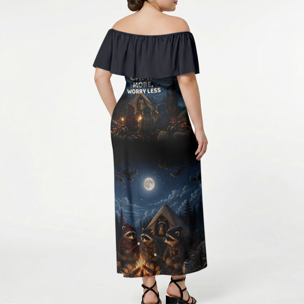 Raccoons Campfire Stay Cozy Stay Wild Off Shoulder Maxi Dress Starry Night Forest Wildlife