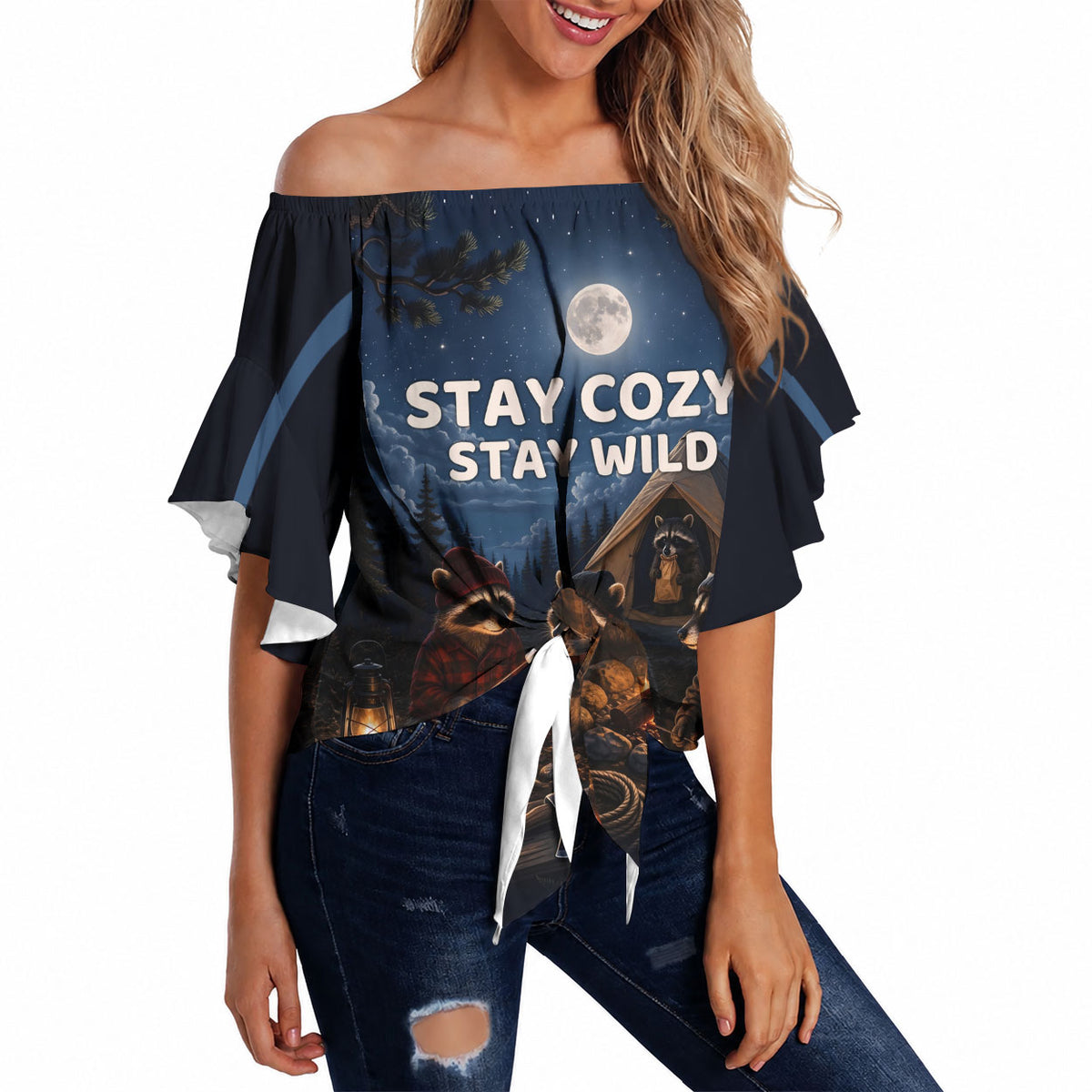 Raccoons Campfire Stay Cozy Stay Wild Off Shoulder Wrap Waist Top Starry Night Forest Wildlife