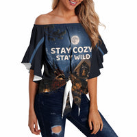 Raccoons Campfire Stay Cozy Stay Wild Off Shoulder Wrap Waist Top Starry Night Forest Wildlife