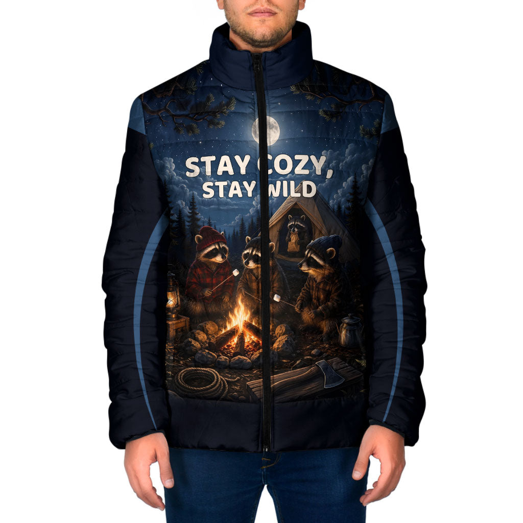 Raccoons Campfire Stay Cozy Stay Wild Padded Jacket Starry Night Forest Wildlife