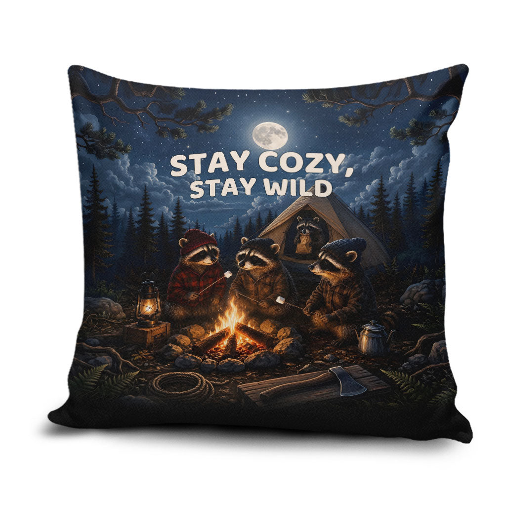 Raccoons Campfire Stay Cozy Stay Wild Pillow Cover Starry Night Forest Wildlife