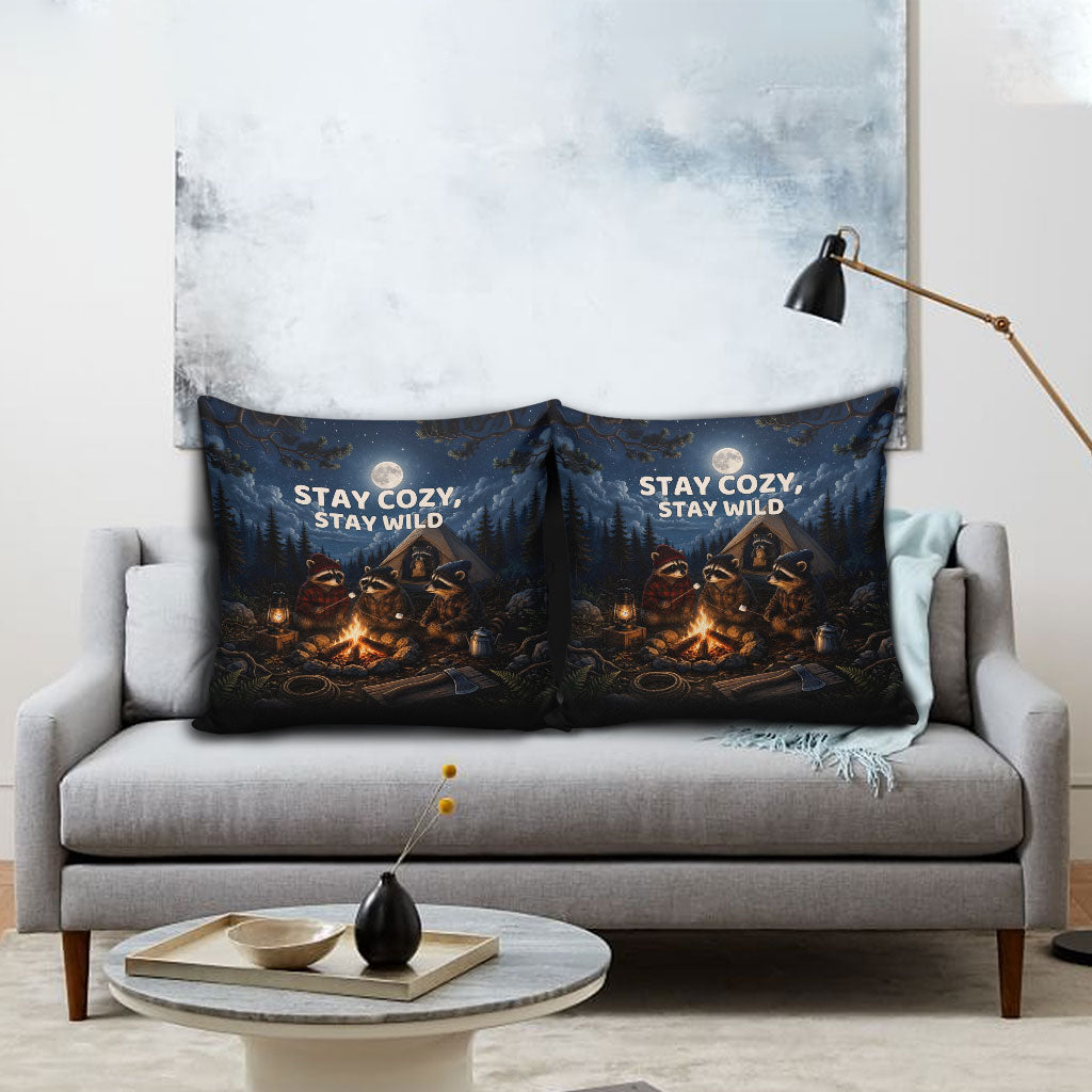 Raccoons Campfire Stay Cozy Stay Wild Pillow Cover Starry Night Forest Wildlife