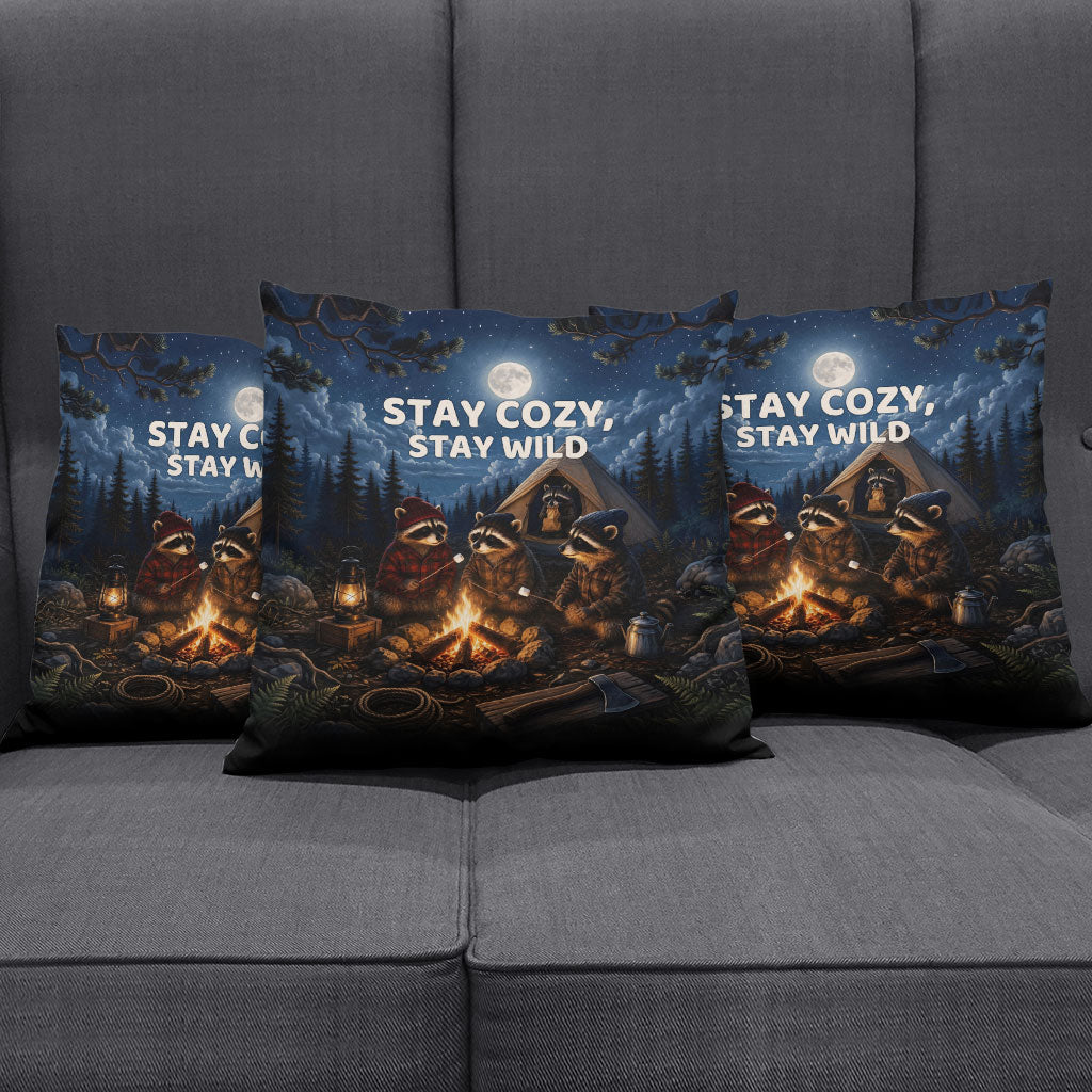 Raccoons Campfire Stay Cozy Stay Wild Pillow Cover Starry Night Forest Wildlife