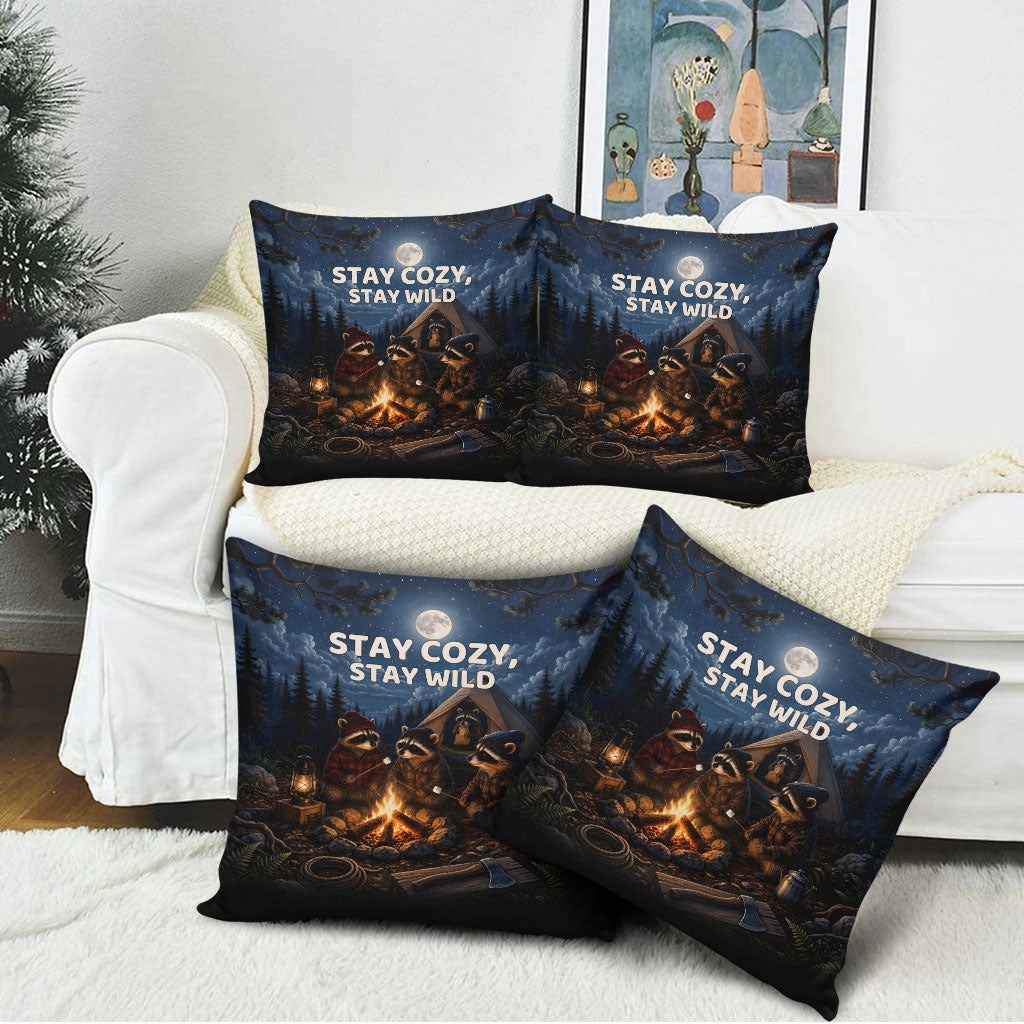 Raccoons Campfire Stay Cozy Stay Wild Pillow Cover Starry Night Forest Wildlife