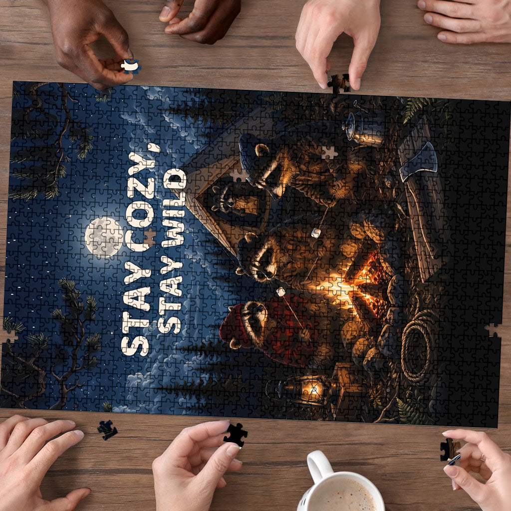 Raccoons Campfire Stay Cozy Stay Wild Puzzle Starry Night Forest Wildlife