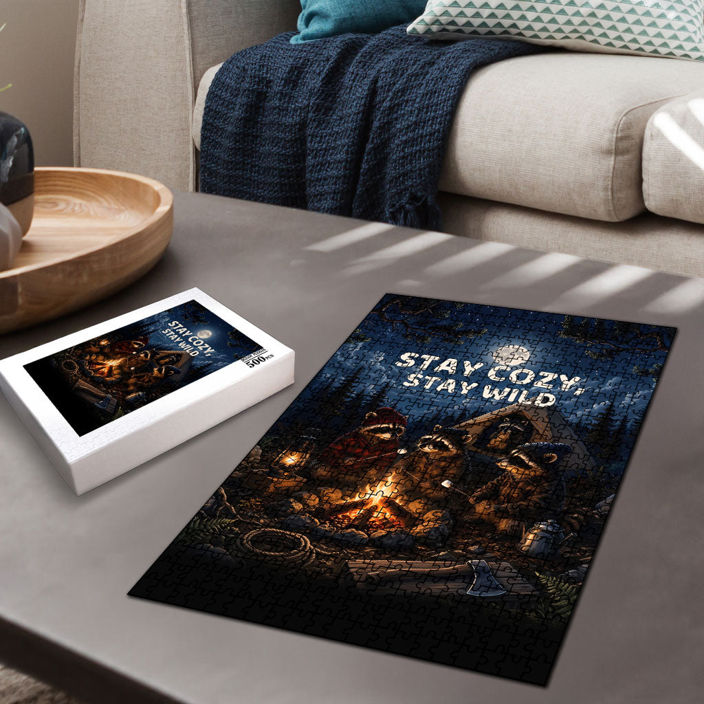 Raccoons Campfire Stay Cozy Stay Wild Puzzle Starry Night Forest Wildlife
