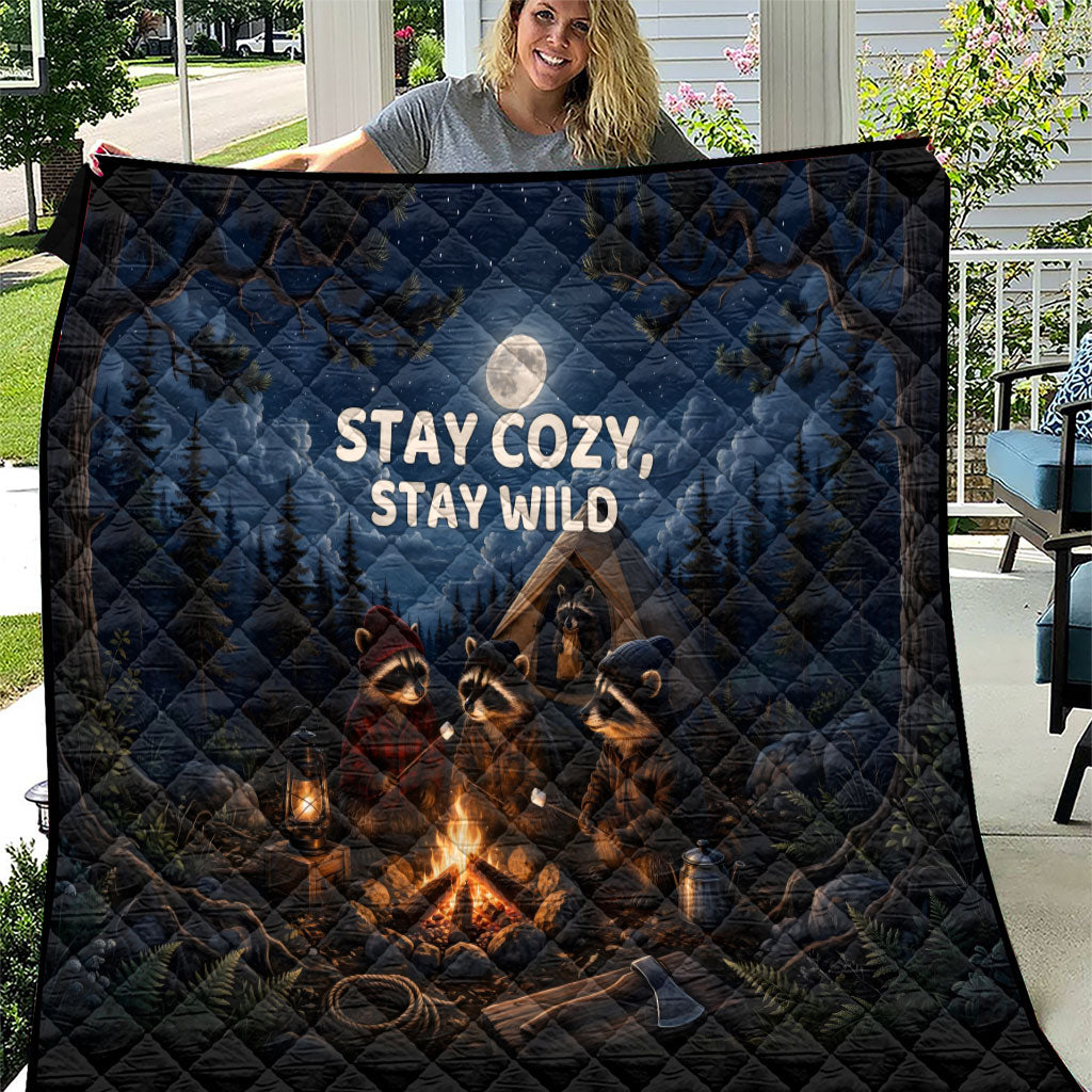 Raccoons Campfire Stay Cozy Stay Wild Quilt Starry Night Forest Wildlife