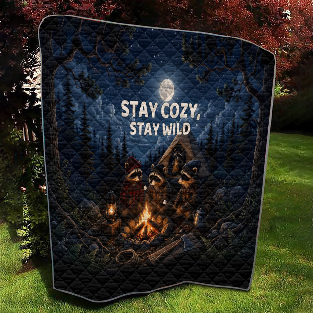 Raccoons Campfire Stay Cozy Stay Wild Quilt Starry Night Forest Wildlife