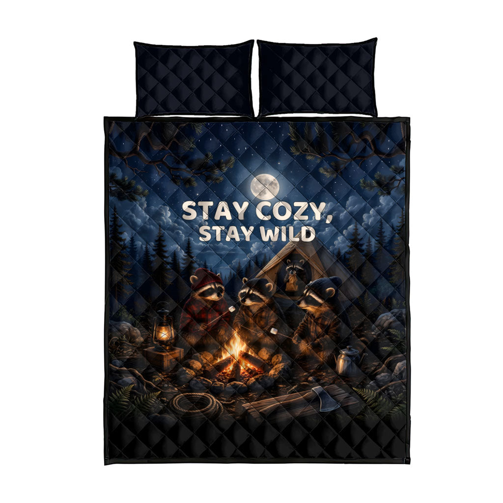 Raccoons Campfire Stay Cozy Stay Wild Quilt Bed Set Starry Night Forest Wildlife
