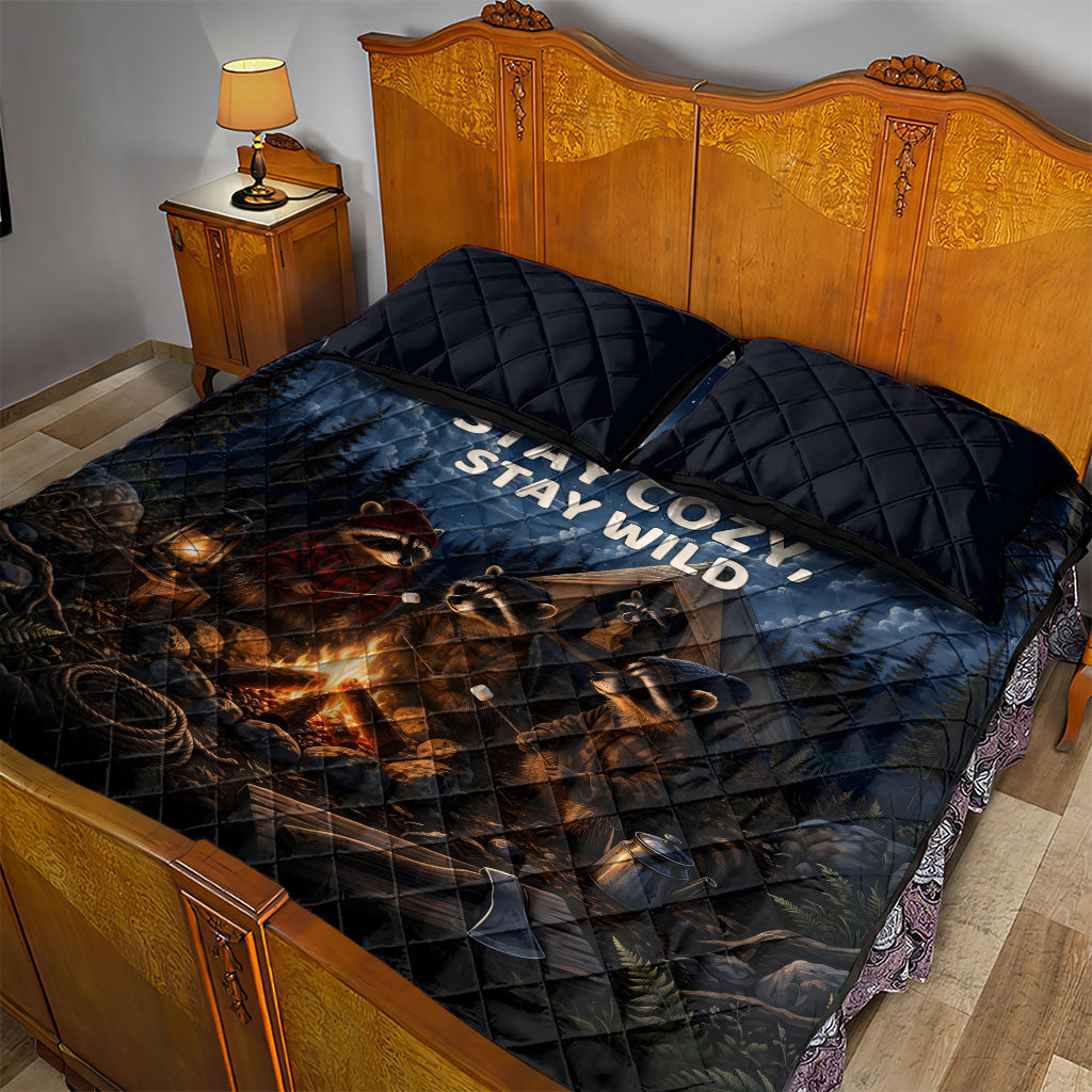 Raccoons Campfire Stay Cozy Stay Wild Quilt Bed Set Starry Night Forest Wildlife