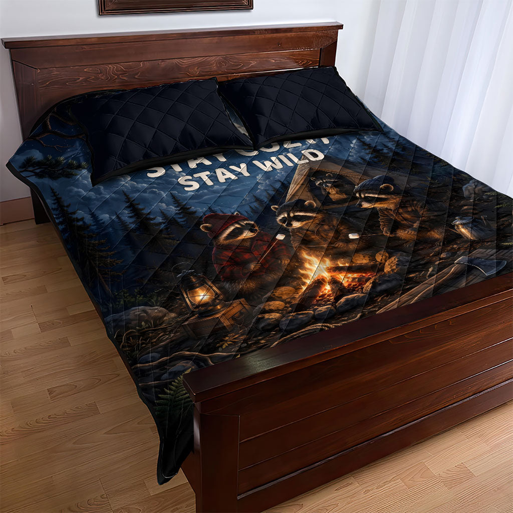 Raccoons Campfire Stay Cozy Stay Wild Quilt Bed Set Starry Night Forest Wildlife
