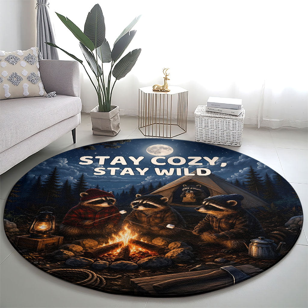 Raccoons Campfire Stay Cozy Stay Wild Round Carpet Starry Night Forest Wildlife