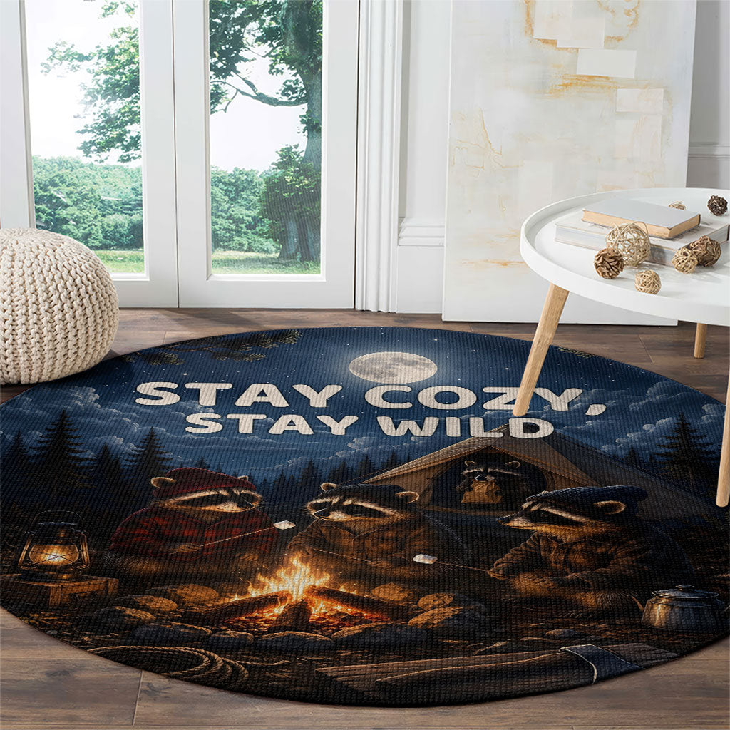 Raccoons Campfire Stay Cozy Stay Wild Round Carpet Starry Night Forest Wildlife