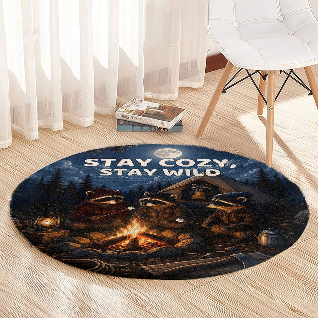 Raccoons Campfire Stay Cozy Stay Wild Round Carpet Starry Night Forest Wildlife