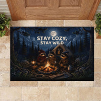 Raccoons Campfire Stay Cozy Stay Wild Rubber Doormat Starry Night Forest Wildlife