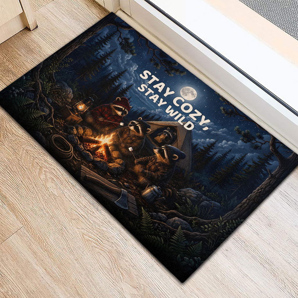 Raccoons Campfire Stay Cozy Stay Wild Rubber Doormat Starry Night Forest Wildlife