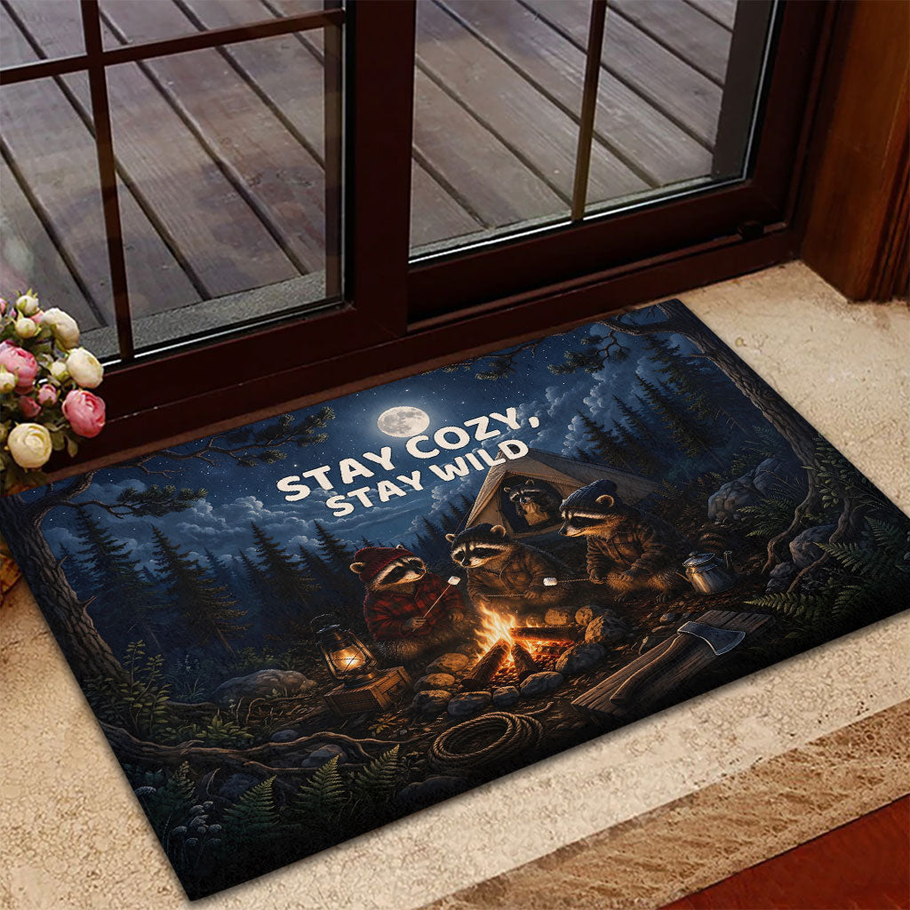 Raccoons Campfire Stay Cozy Stay Wild Rubber Doormat Starry Night Forest Wildlife