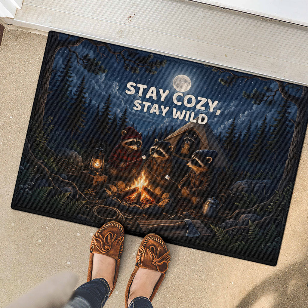 Raccoons Campfire Stay Cozy Stay Wild Rubber Doormat Starry Night Forest Wildlife
