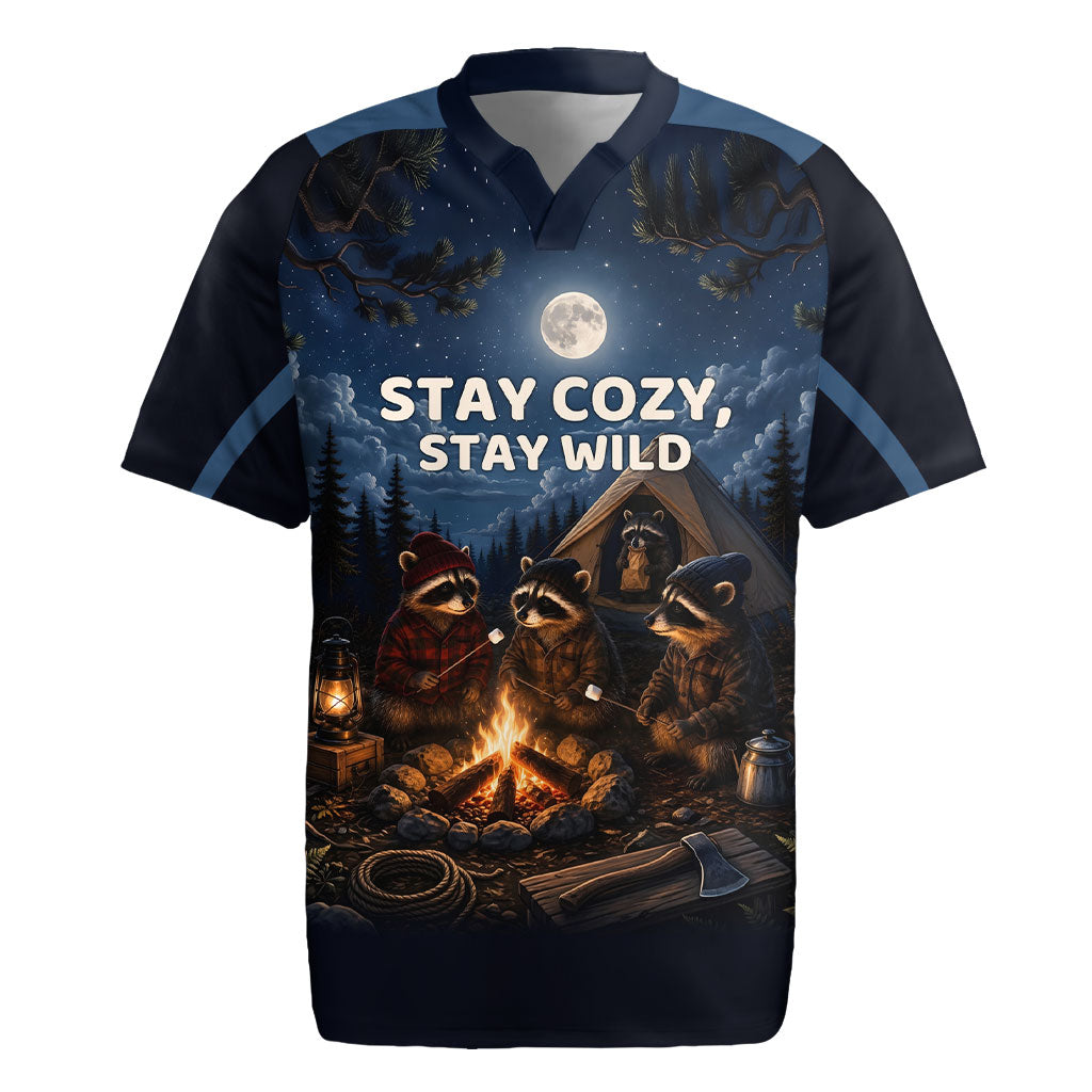 Raccoons Campfire Stay Cozy Stay Wild Rugby Jersey Starry Night Forest Wildlife
