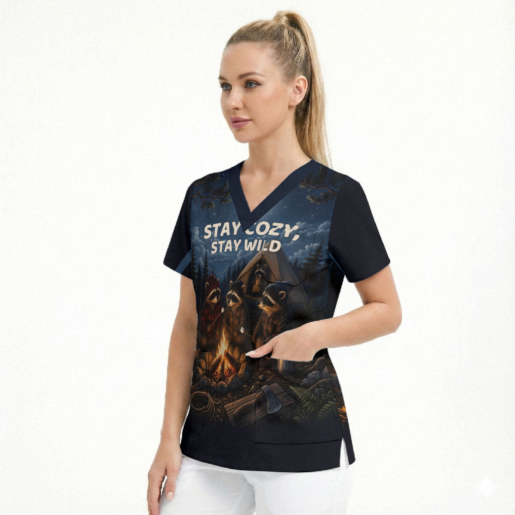 Raccoons Campfire Stay Cozy Stay Wild Scrub Top Starry Night Forest Wildlife