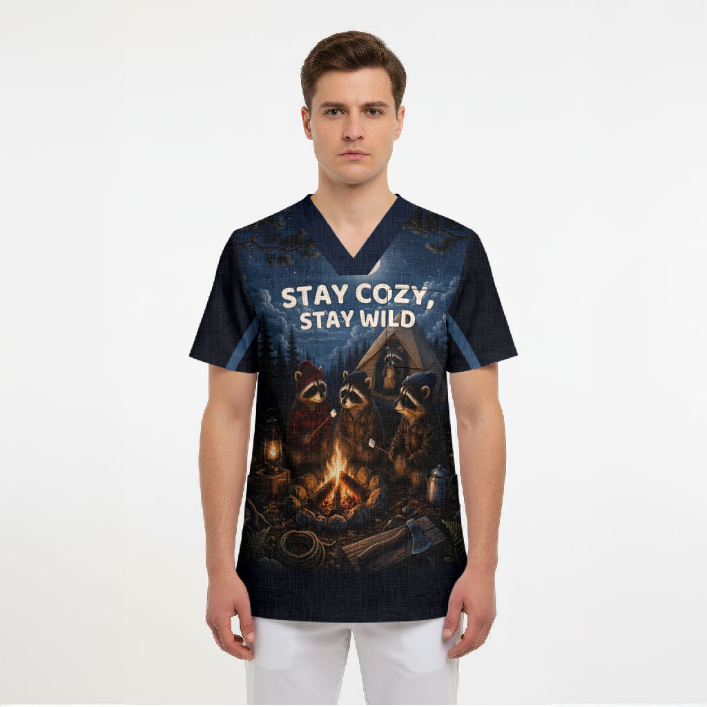 Raccoons Campfire Stay Cozy Stay Wild Scrub Top Starry Night Forest Wildlife