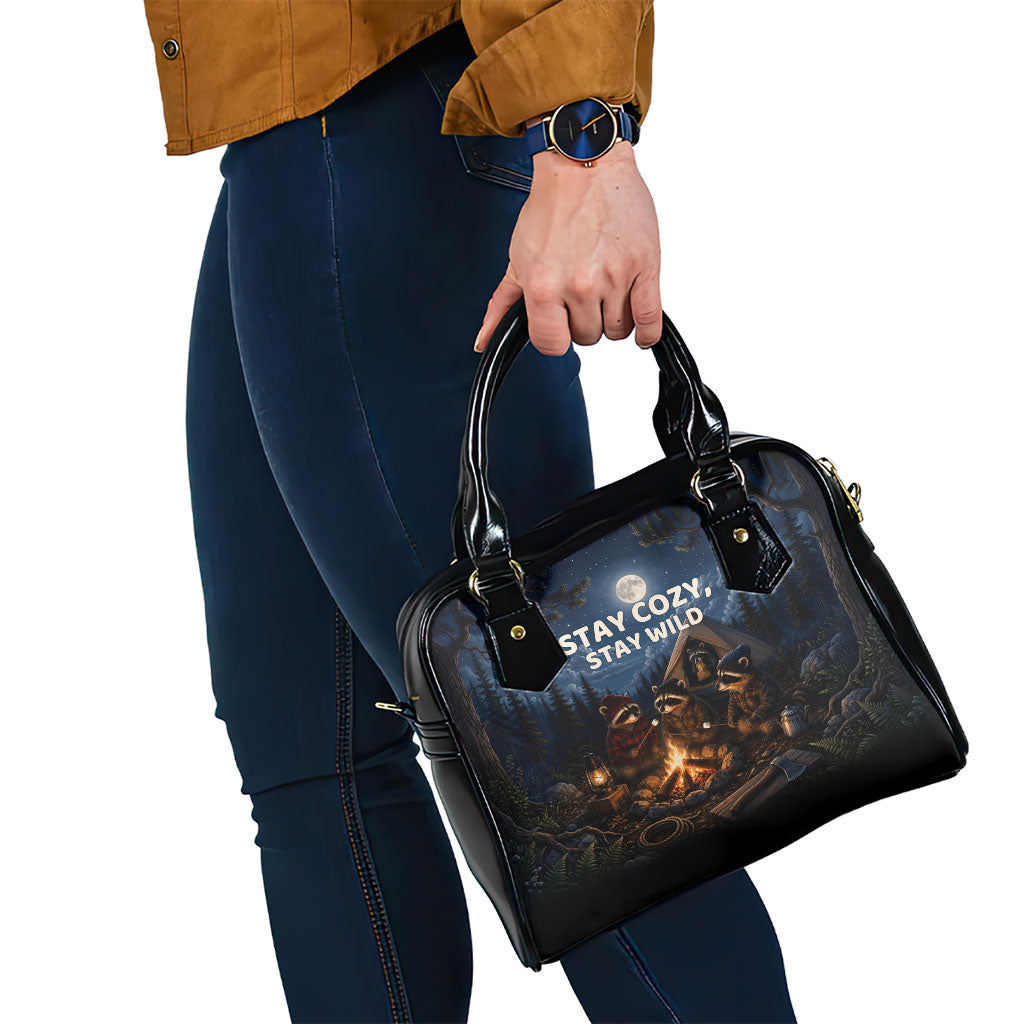 Raccoons Campfire Stay Cozy Stay Wild Shoulder Handbag Starry Night Forest Wildlife