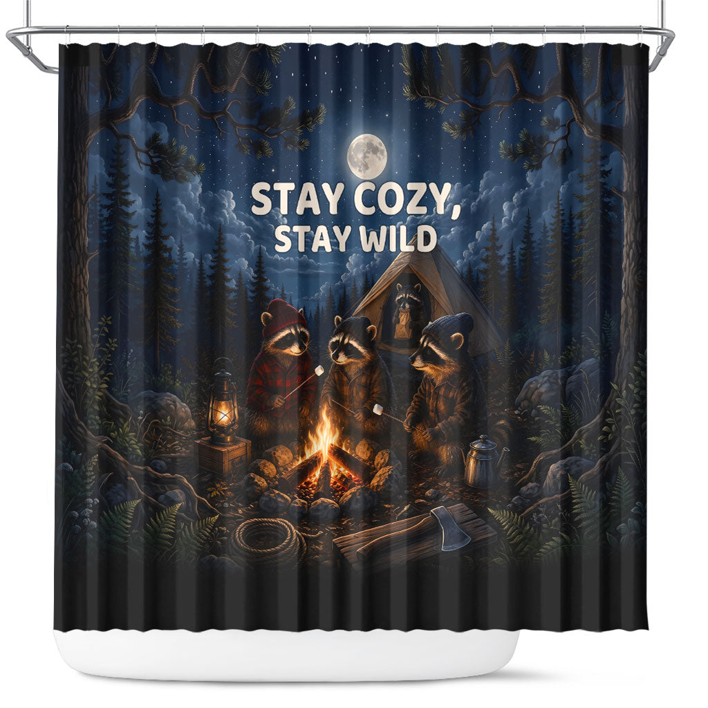 Raccoons Campfire Stay Cozy Stay Wild Shower Curtain Starry Night Forest Wildlife