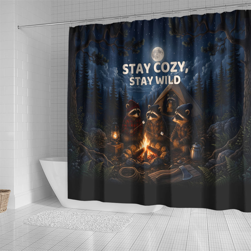 Raccoons Campfire Stay Cozy Stay Wild Shower Curtain Starry Night Forest Wildlife