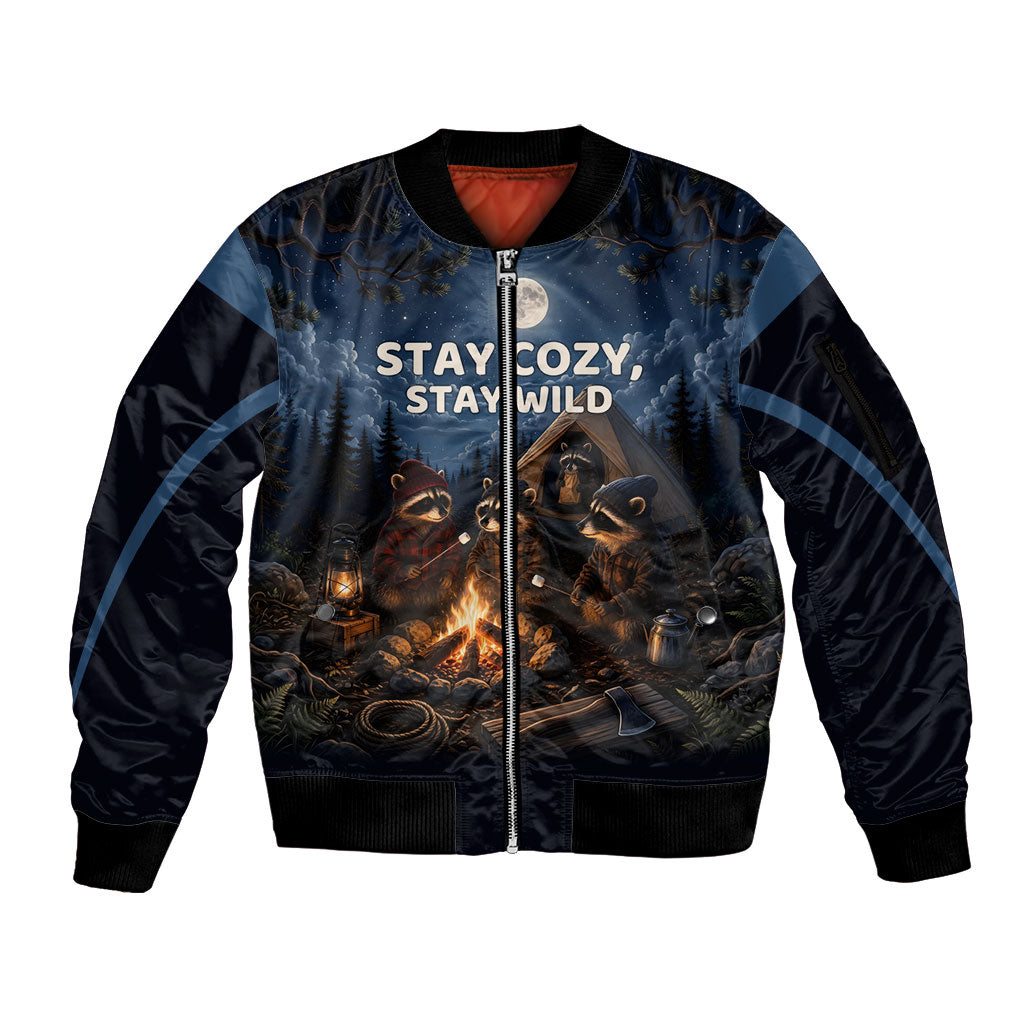 Raccoons Campfire Stay Cozy Stay Wild Sleeve Zip Bomber Jacket Starry Night Forest Wildlife