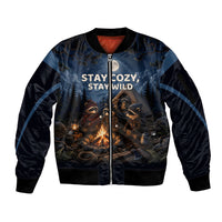 Raccoons Campfire Stay Cozy Stay Wild Sleeve Zip Bomber Jacket Starry Night Forest Wildlife