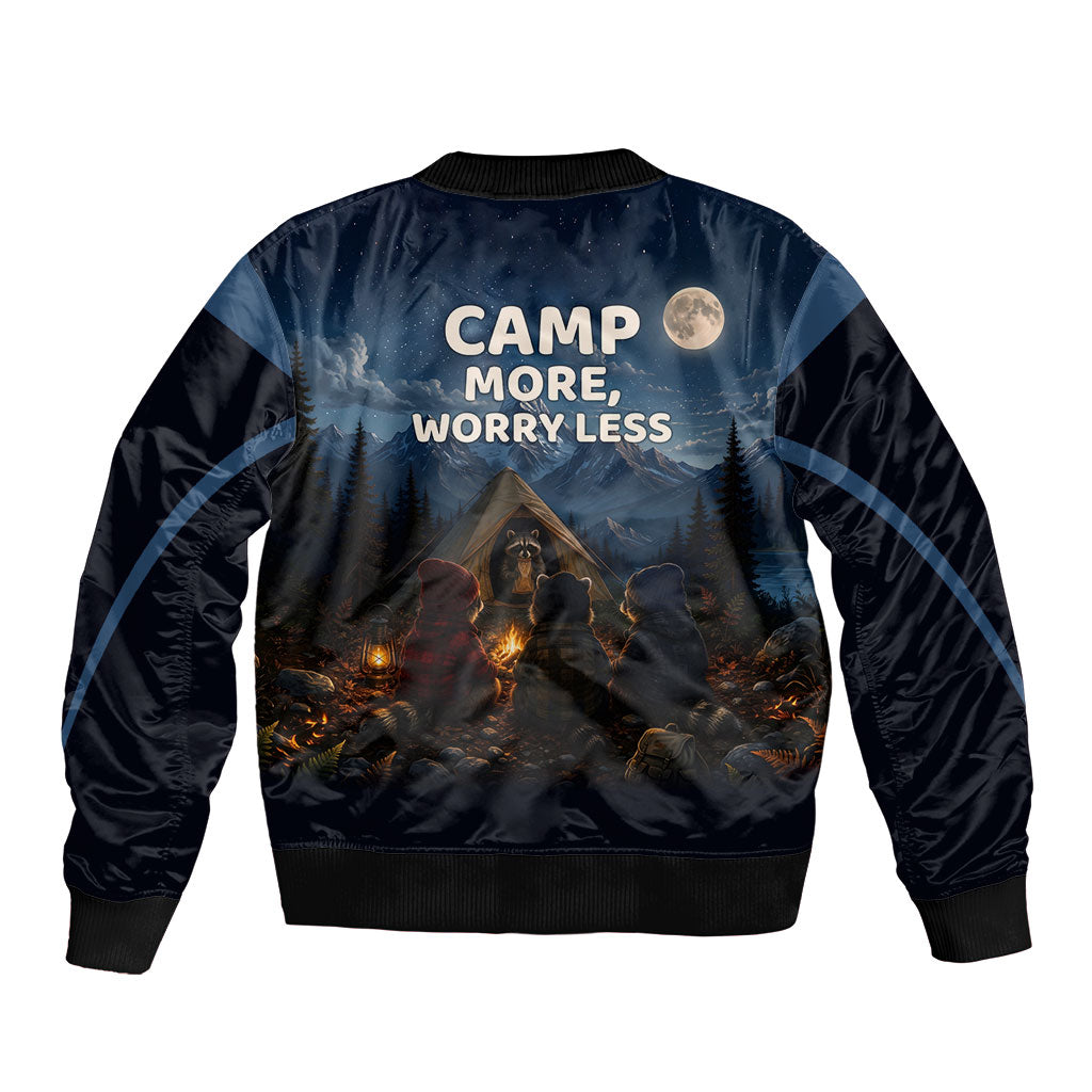 Raccoons Campfire Stay Cozy Stay Wild Sleeve Zip Bomber Jacket Starry Night Forest Wildlife