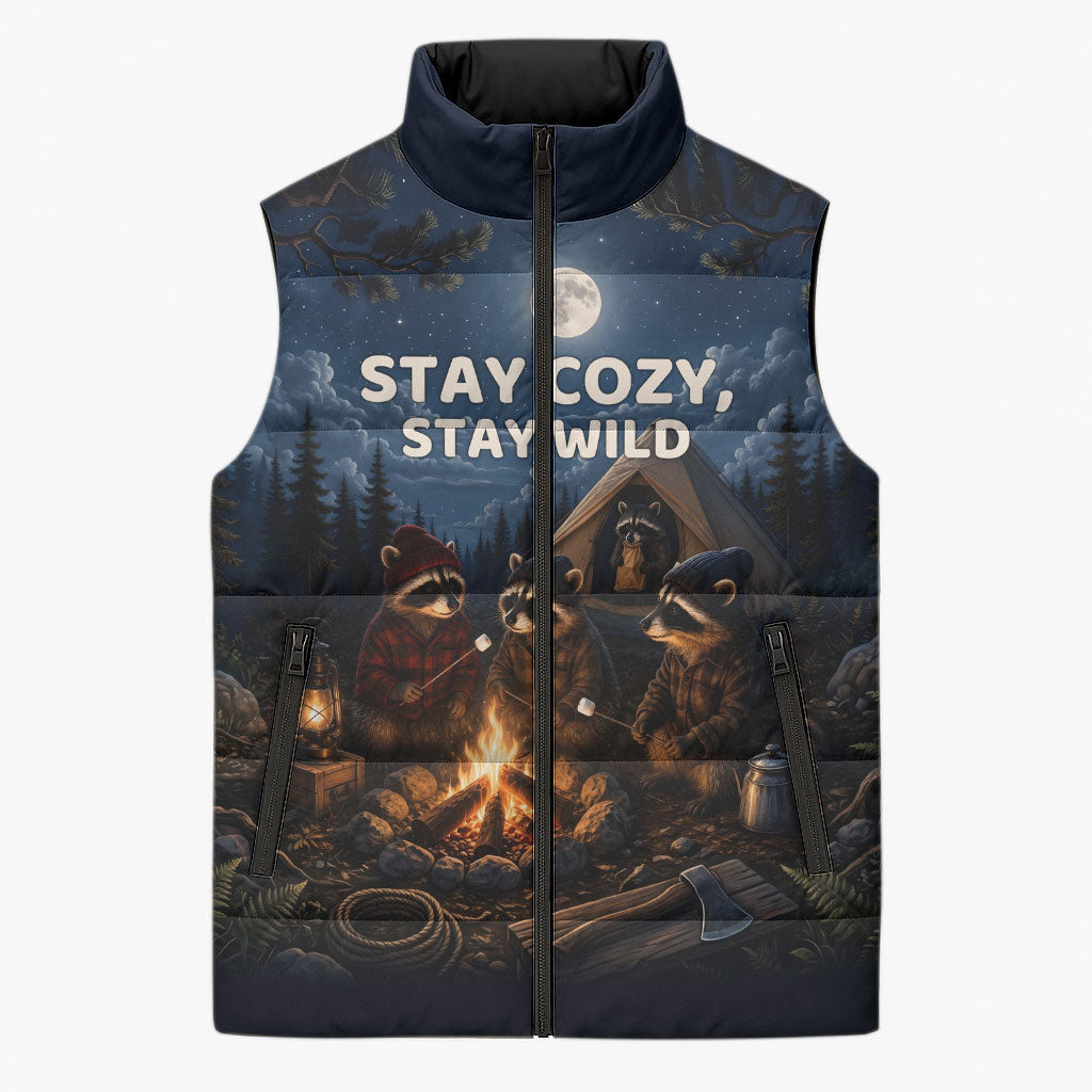 Raccoons Campfire Stay Cozy Stay Wild Sleeveless Puffer Jacket Starry Night Forest Wildlife