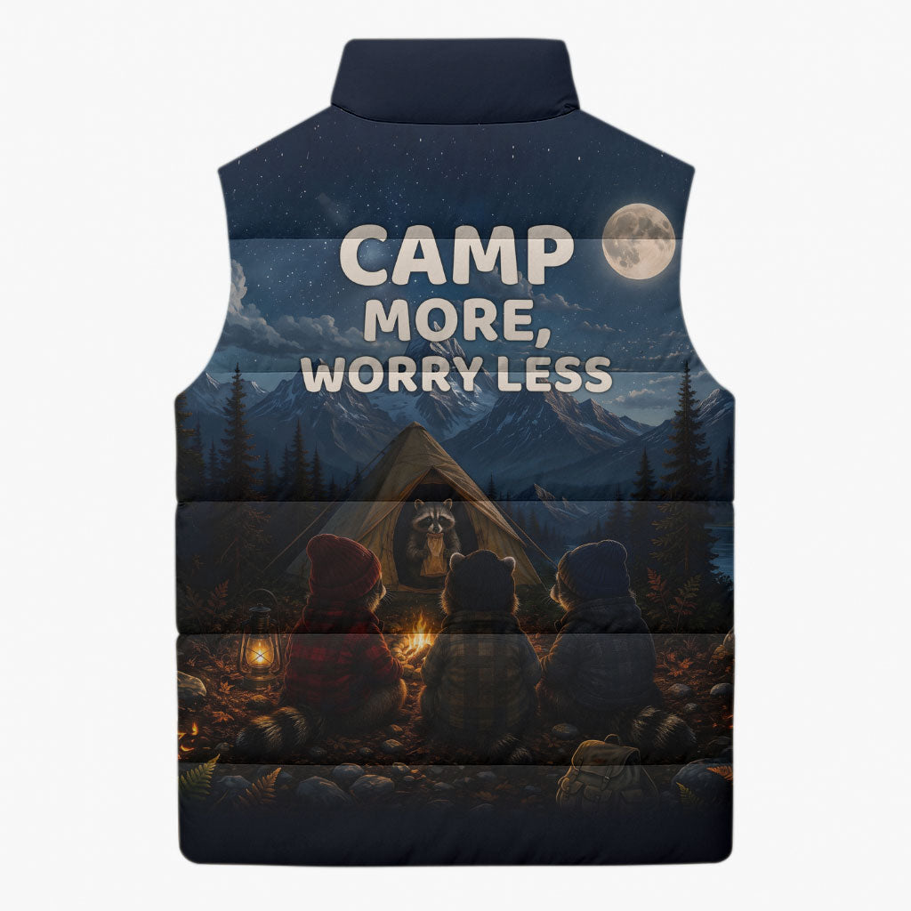 Raccoons Campfire Stay Cozy Stay Wild Sleeveless Puffer Jacket Starry Night Forest Wildlife
