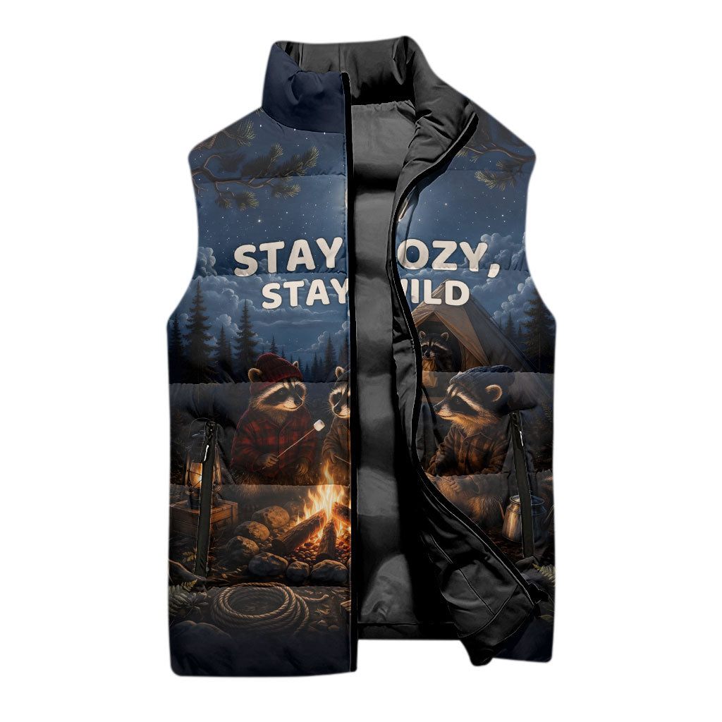 Raccoons Campfire Stay Cozy Stay Wild Sleeveless Puffer Jacket Starry Night Forest Wildlife