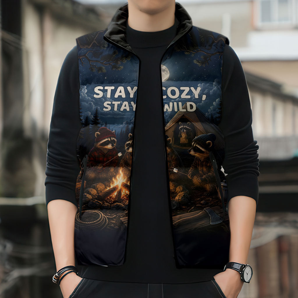 Raccoons Campfire Stay Cozy Stay Wild Sleeveless Puffer Jacket Starry Night Forest Wildlife