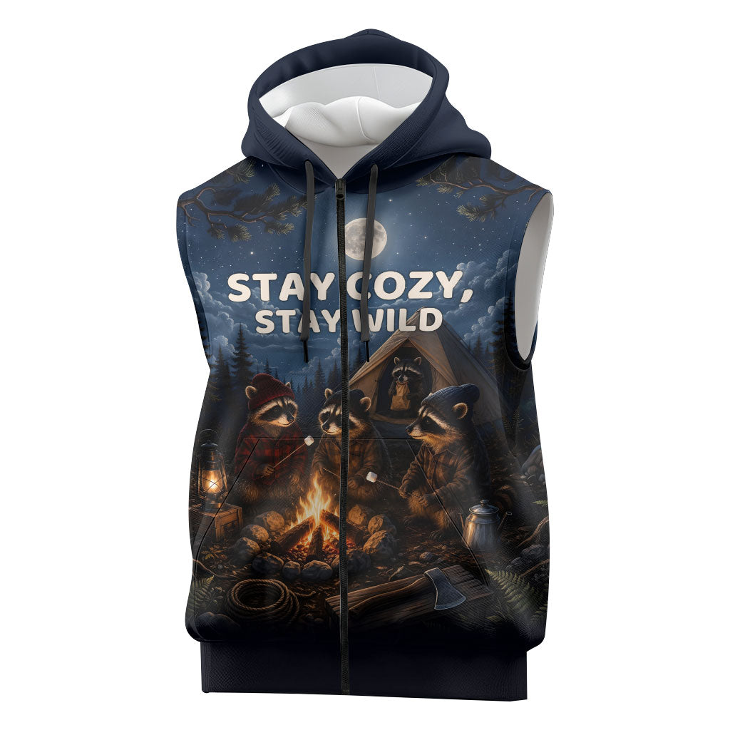 Raccoons Campfire Stay Cozy Stay Wild Sleeveless Zip Hoodie Starry Night Forest Wildlife