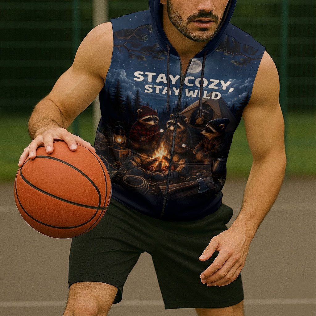 Raccoons Campfire Stay Cozy Stay Wild Sleeveless Zip Hoodie Starry Night Forest Wildlife