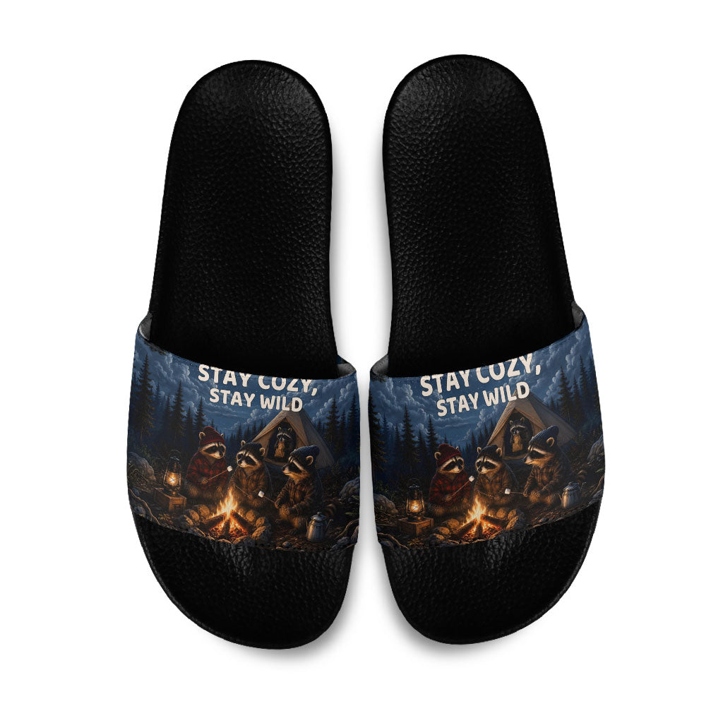 Raccoons Campfire Stay Cozy Stay Wild Slide Sandals Starry Night Forest Wildlife