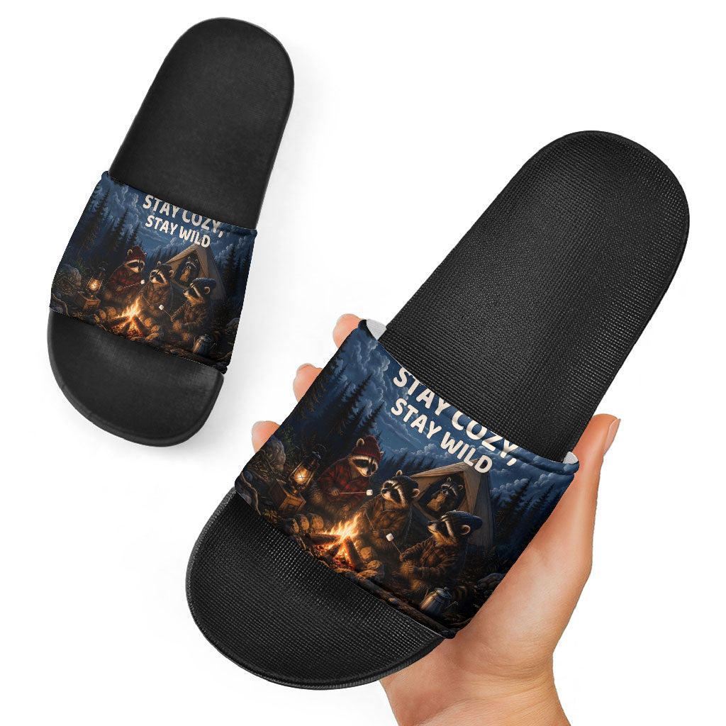 Raccoons Campfire Stay Cozy Stay Wild Slide Sandals Starry Night Forest Wildlife