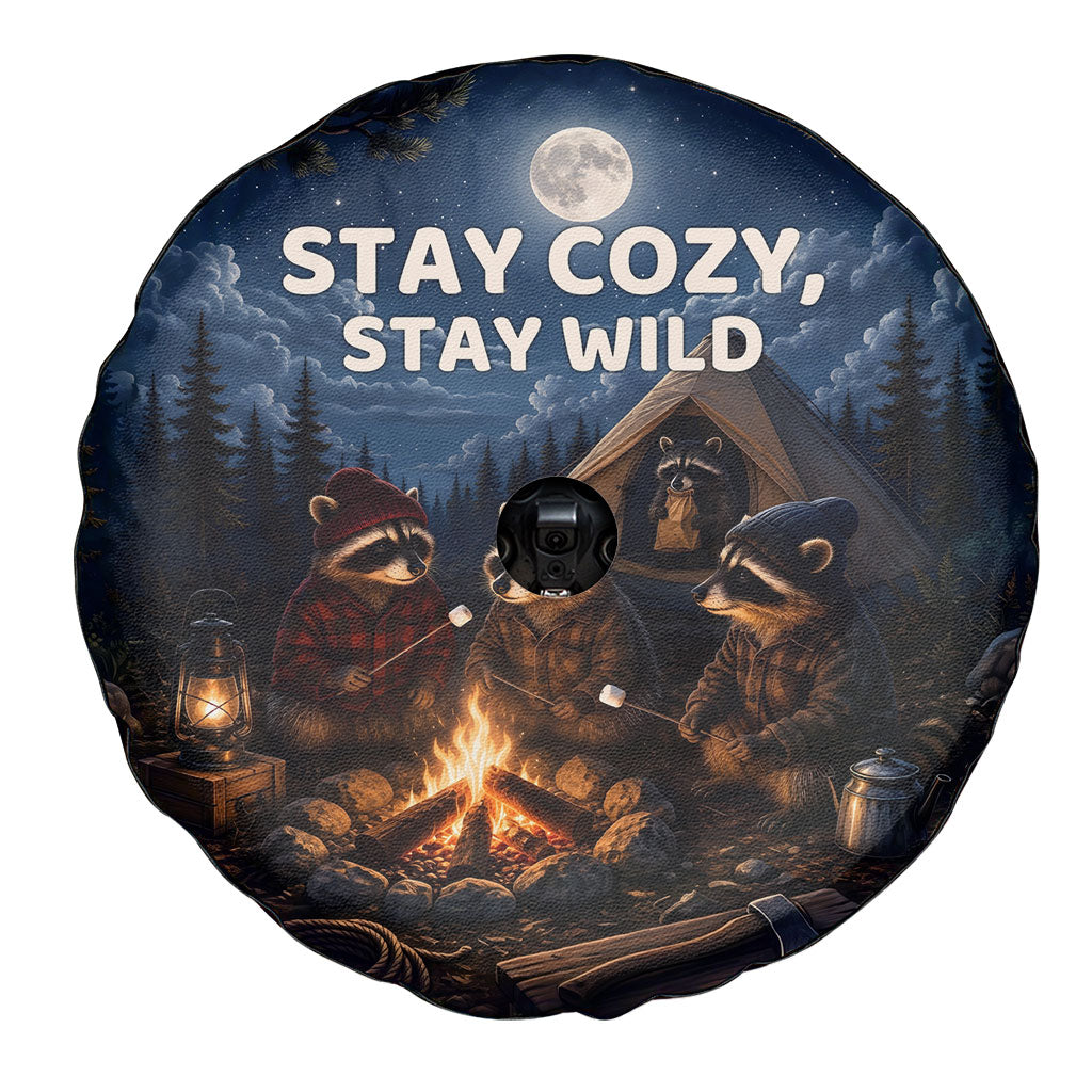 Raccoons Campfire Stay Cozy Stay Wild Spare Tire Cover Starry Night Forest Wildlife